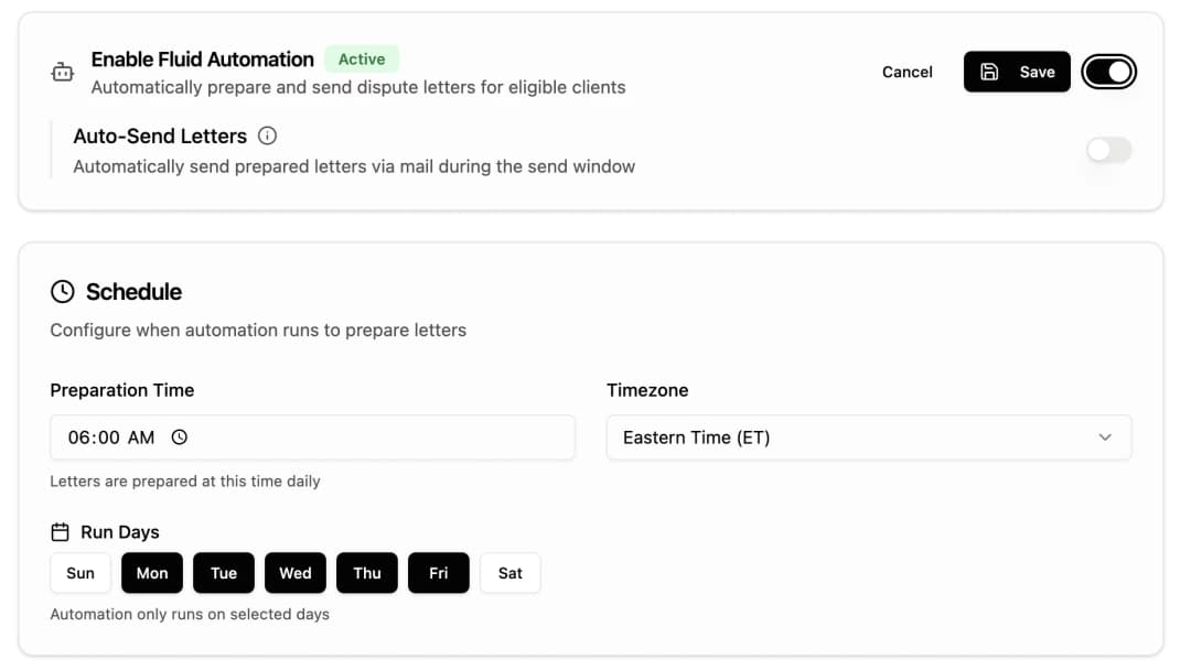 Fluid automation settings showing schedule and toggle